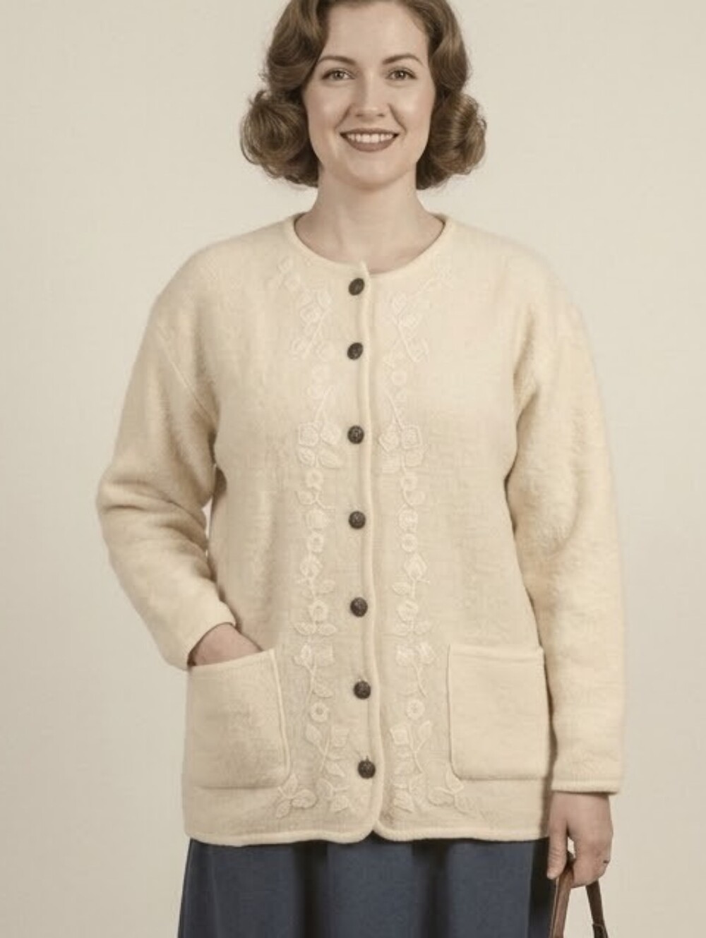 Vintage 100% Wool Point Zero Cream Embroidered Button-Front Cardigan